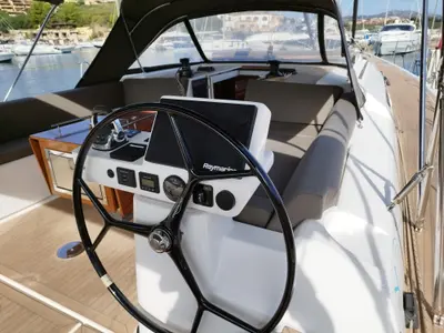 Cockpit of Albus, a Dufour 56 Exclusive sailboat at Olbia, Italy