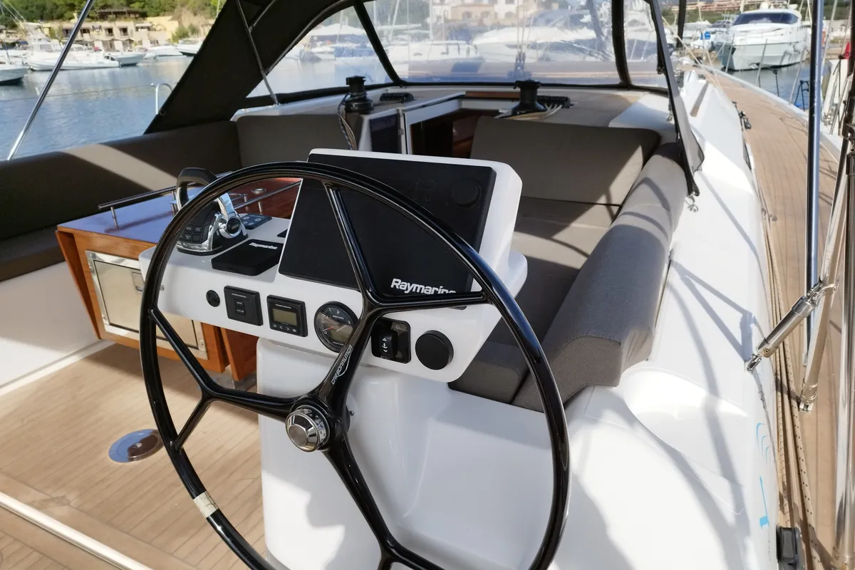 Cockpit of Albus, a Dufour 56 Exclusive sailboat at Olbia, Italy