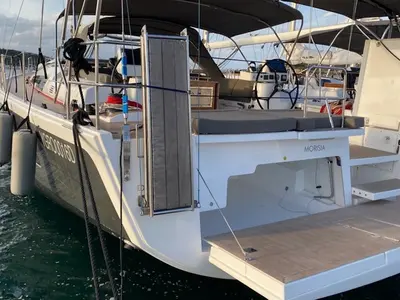 Deck of Albus, a Dufour 56 Exclusive sailboat at Olbia, Italy