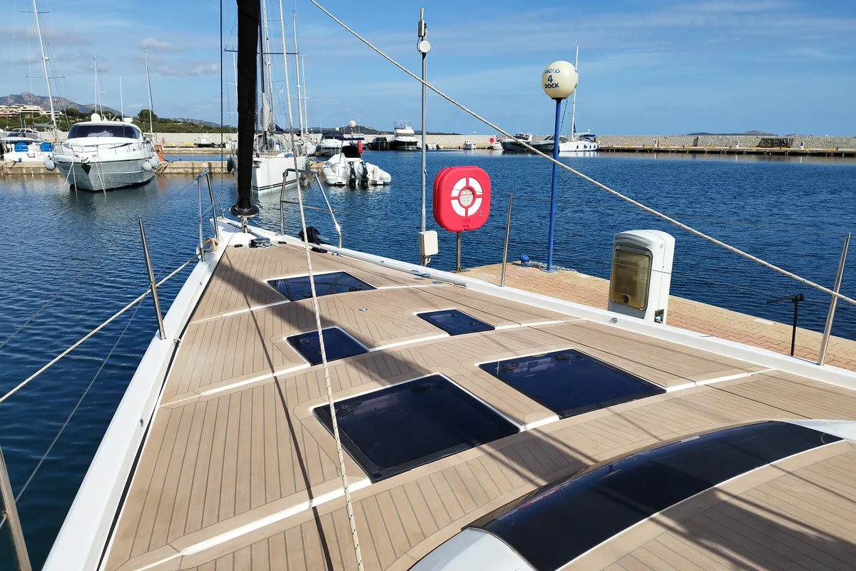 Deck of Albus, a Dufour 56 Exclusive sailboat at Olbia, Italy