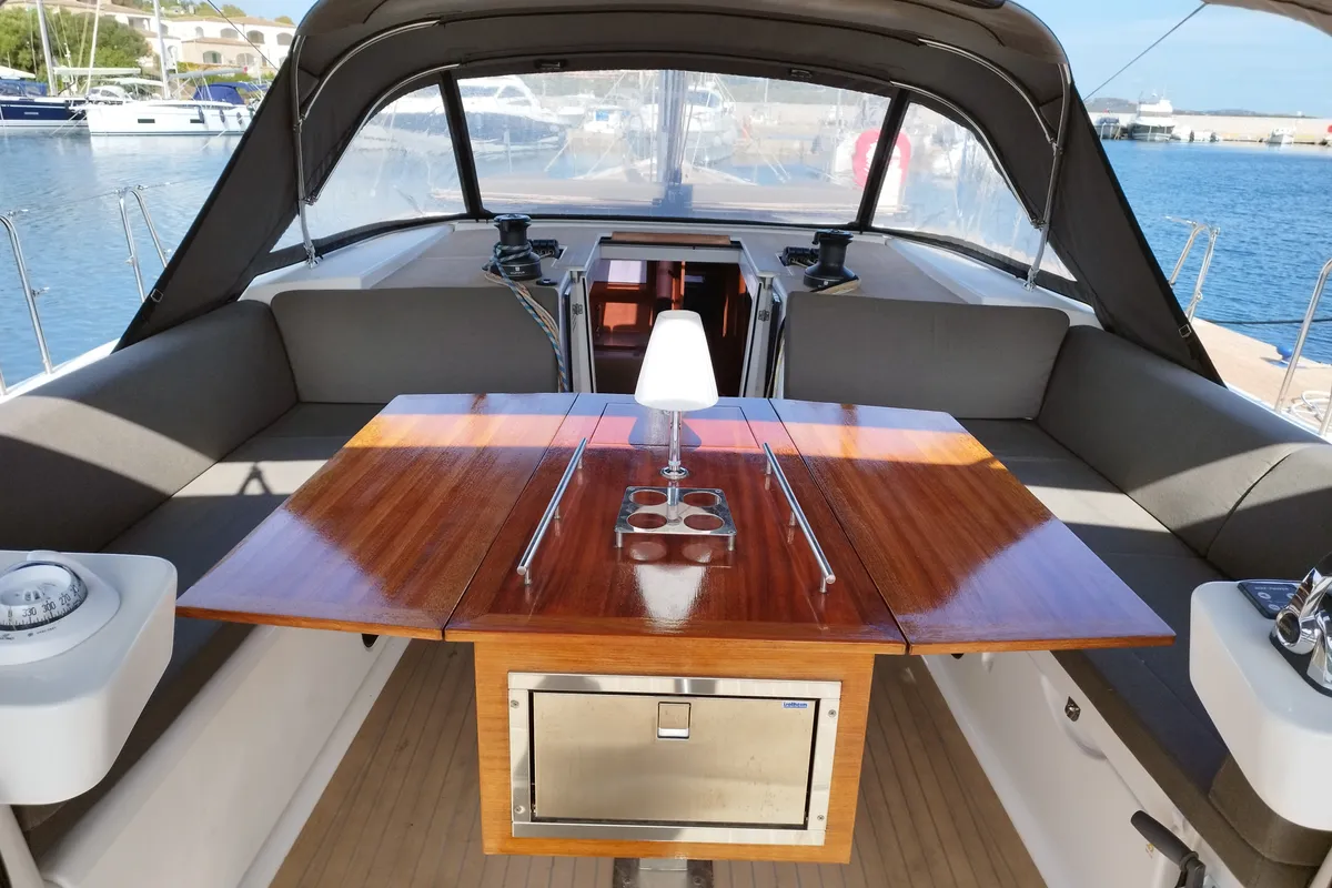 Deck of Albus, a Dufour 56 Exclusive sailboat at Olbia, Italy