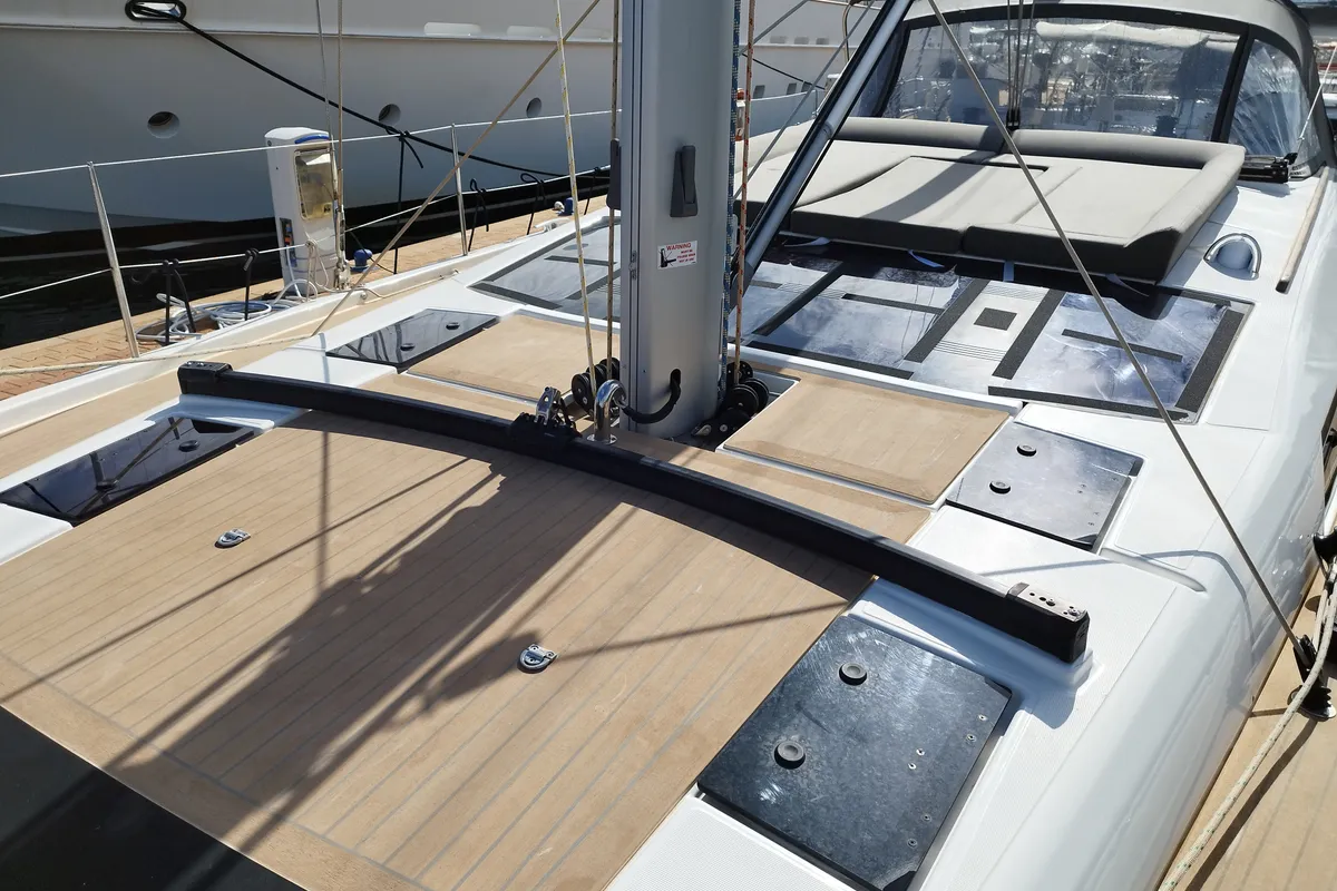 Deck of Albus, a Dufour 56 Exclusive sailboat at Olbia, Italy