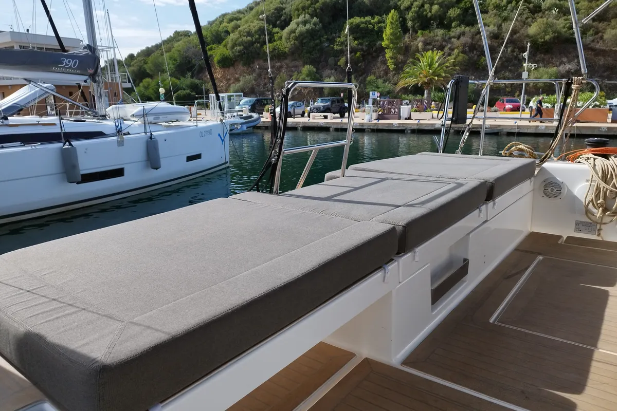 Deck of Albus, a Dufour 56 Exclusive sailboat at Olbia, Italy