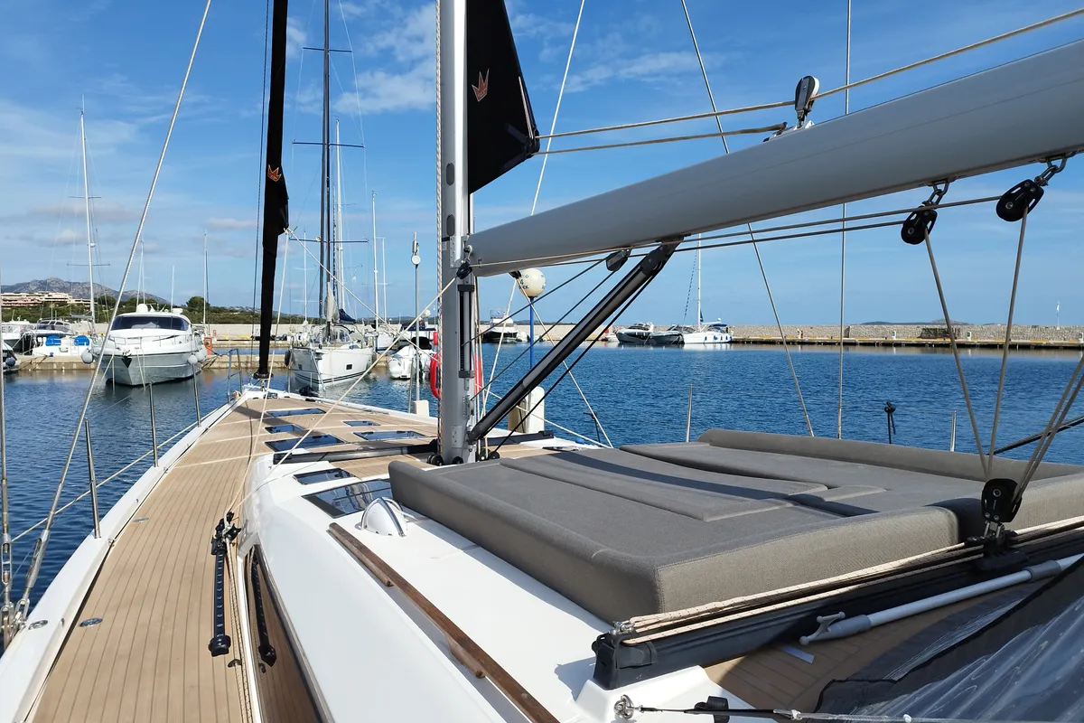 Deck of Albus, a Dufour 56 Exclusive sailboat at Olbia, Italy