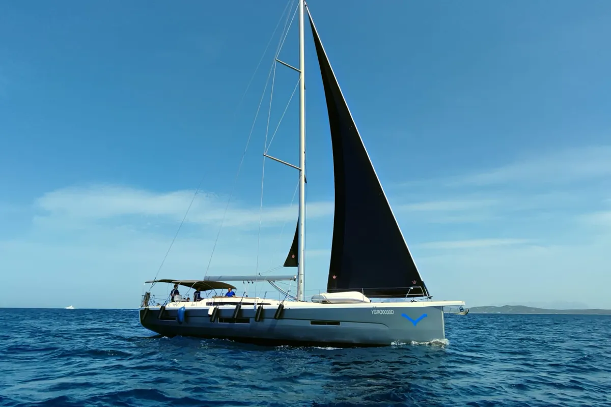 Exterior view of Albus, a Dufour 56 Exclusive sailboat at Olbia, Italy