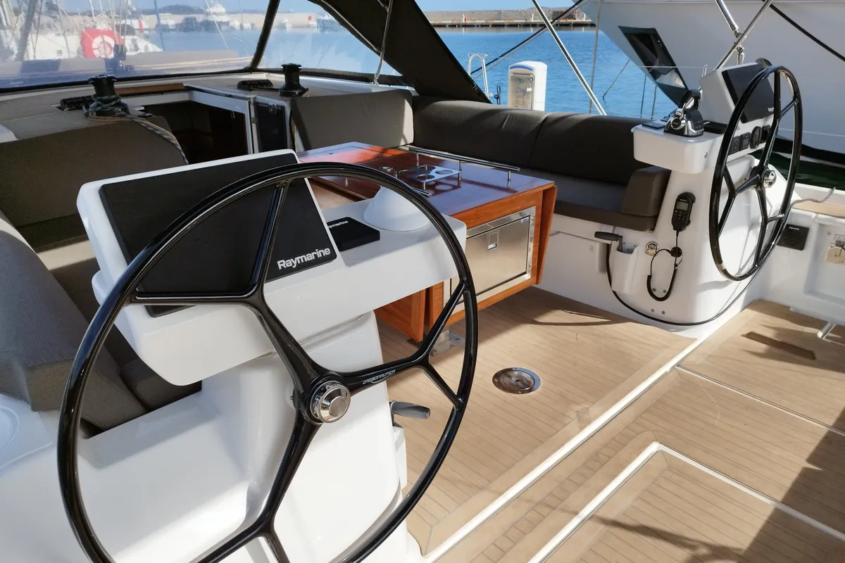 Cockpit of Albus, a Dufour 56 Exclusive sailboat at Olbia, Italy