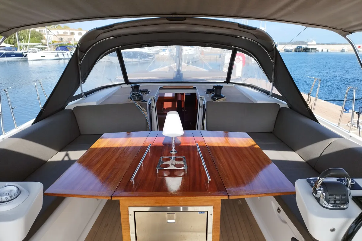 Deck of Albus, a Dufour 56 Exclusive sailboat at Olbia, Italy