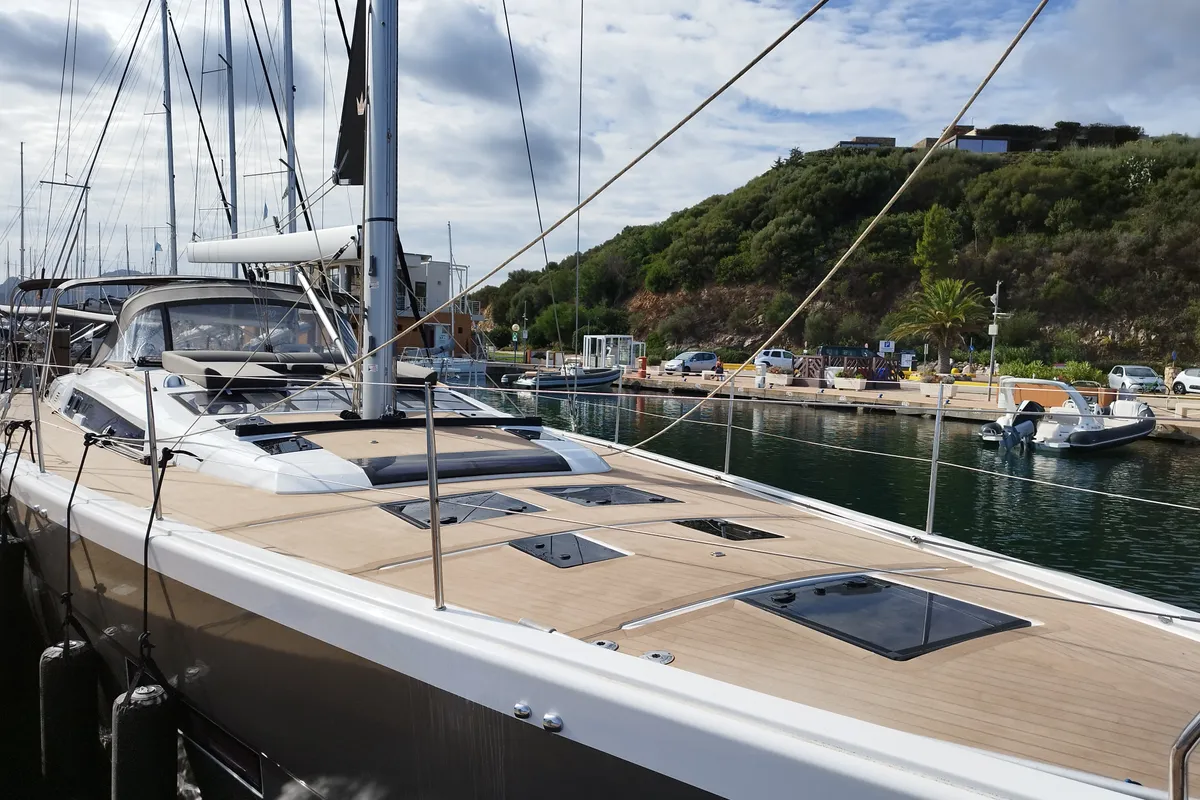 Deck of Albus, a Dufour 56 Exclusive sailboat at Olbia, Italy