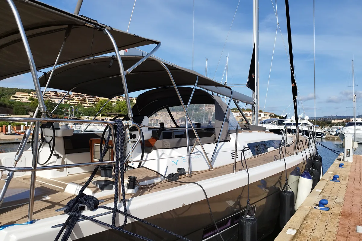Exterior view of Albus, a Dufour 56 Exclusive sailboat at Olbia, Italy
