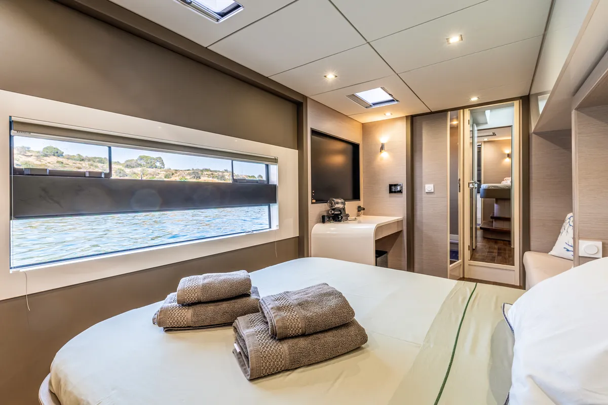 Cabin on Nyd'amour II, a Aventura 14 Power catamaran at Kranidi, Greece