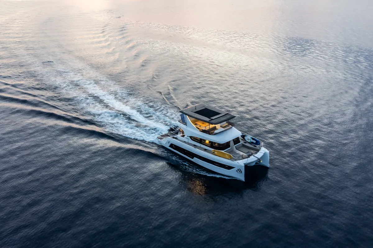 Exterior view of Nyd'amour II, a Aventura 14 Power catamaran at Kranidi, Greece
