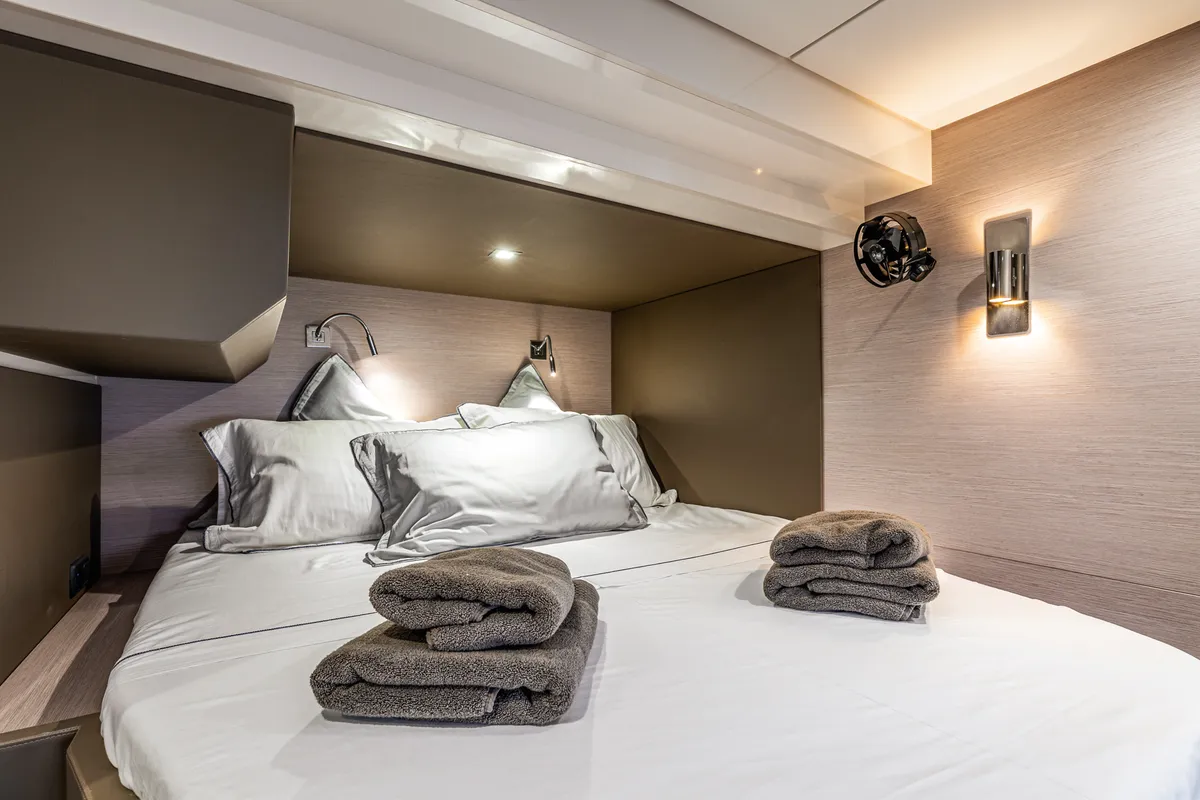Cabin on Nyd'amour II, a Aventura 14 Power catamaran at Kranidi, Greece