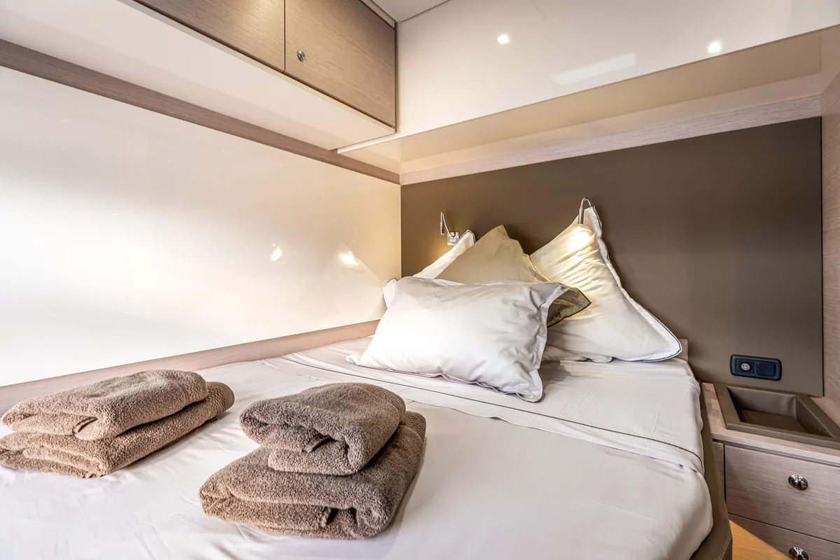 Cabin on Nyd'amour II, a Aventura 14 Power catamaran at Kranidi, Greece