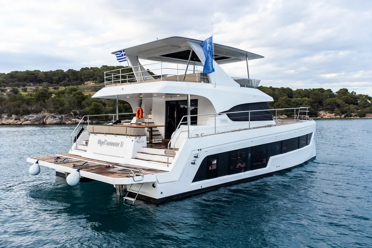 Exterior view of Nyd'amour II, a Aventura 14 Power catamaran at Kranidi, Greece