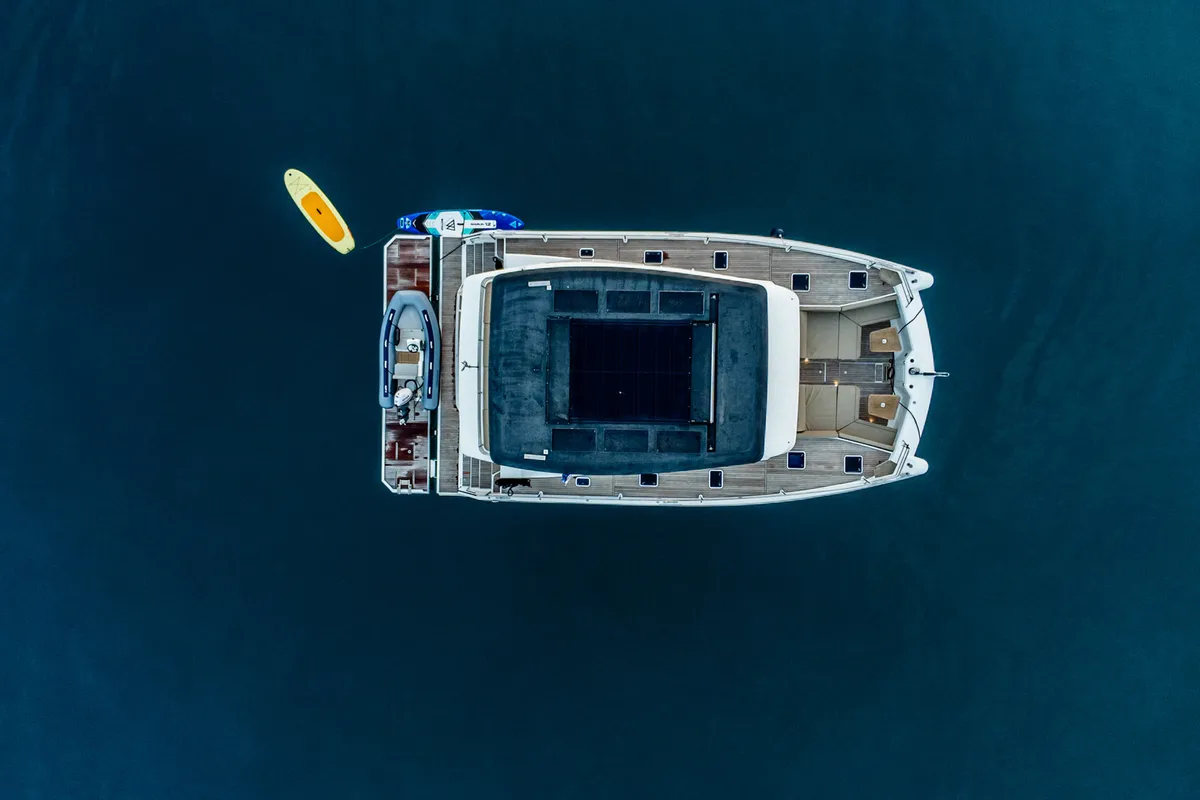 Exterior view of Nyd'amour II, a Aventura 14 Power catamaran at Kranidi, Greece