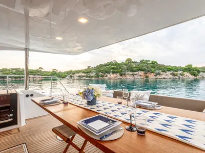 Deck of Nyd'amour II, a Aventura 14 Power catamaran at Kranidi, Greece