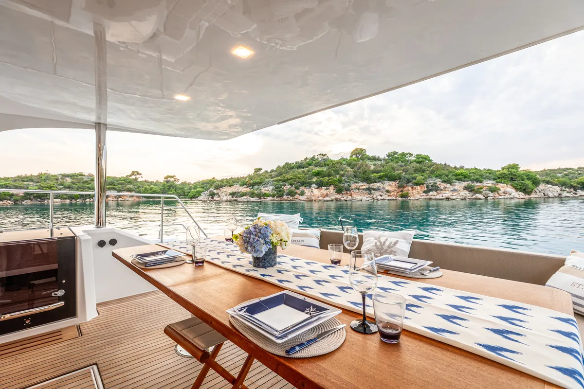 Deck of Nyd'amour II, a Aventura 14 Power catamaran at Kranidi, Greece