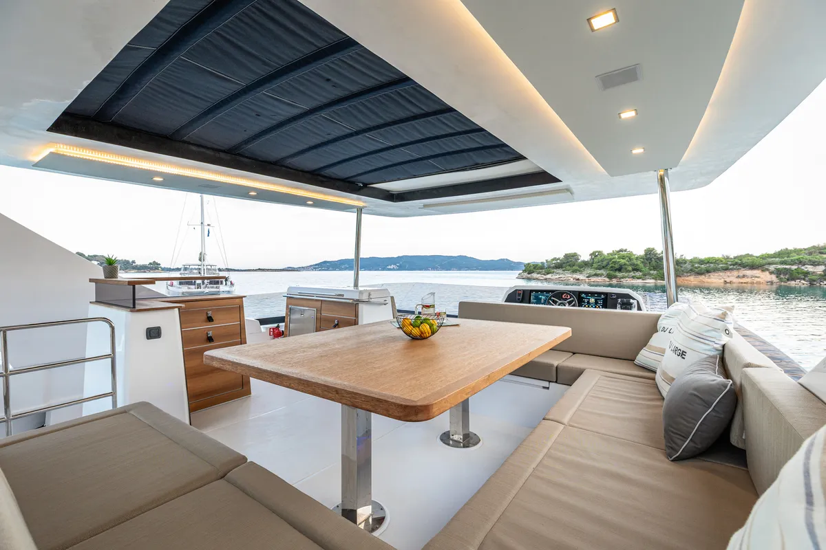 Deck of Nyd'amour II, a Aventura 14 Power catamaran at Kranidi, Greece
