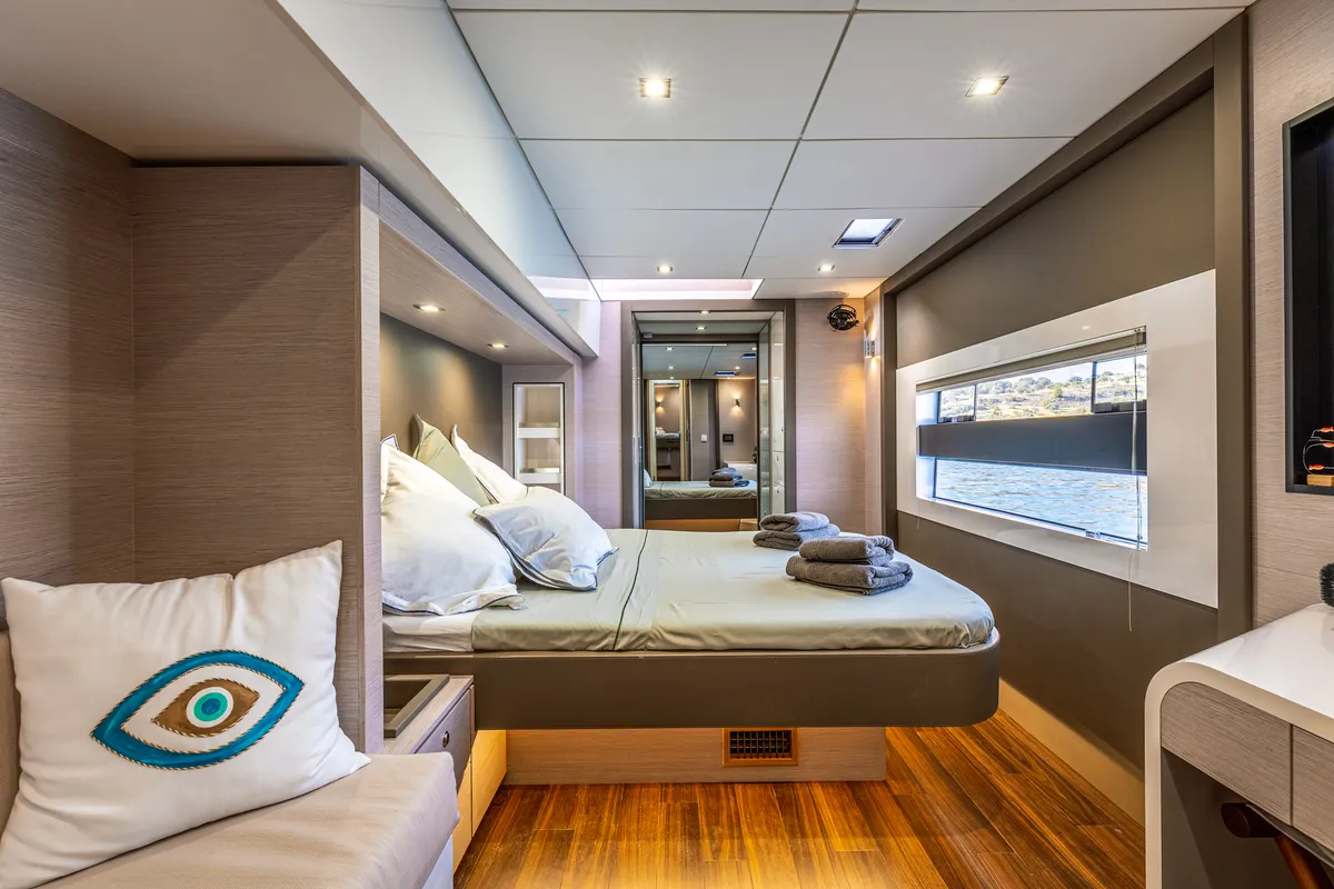 Cabin on Nyd'amour II, a Aventura 14 Power catamaran at Kranidi, Greece