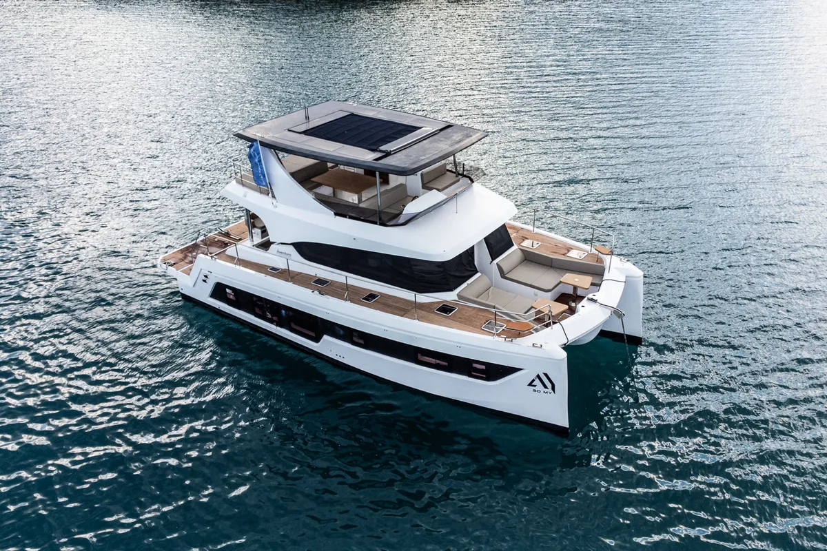 Exterior view of Nyd'amour II, a Aventura 14 Power catamaran at Kranidi, Greece