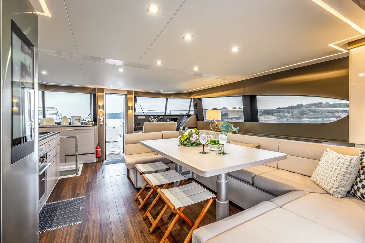 Salon of Nyd'amour II, a Aventura 14 Power catamaran at Kranidi, Greece