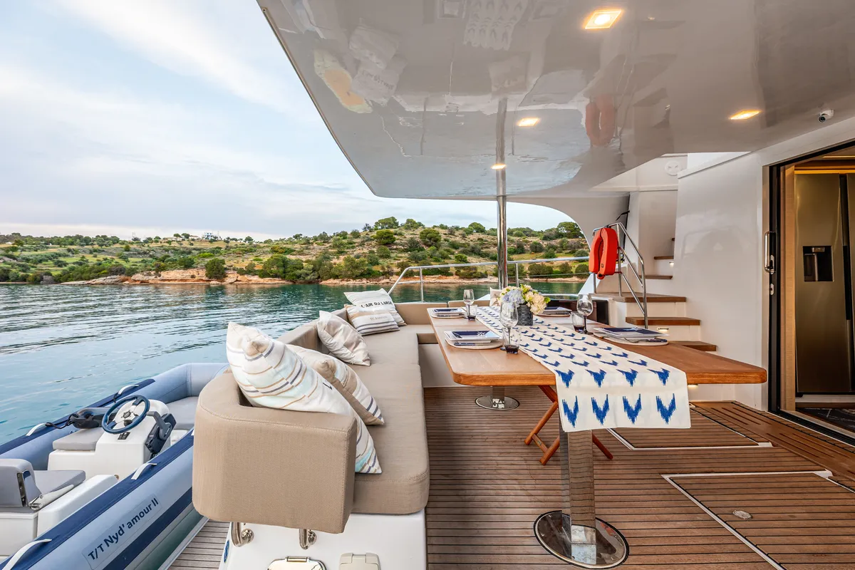 Deck of Nyd'amour II, a Aventura 14 Power catamaran at Kranidi, Greece