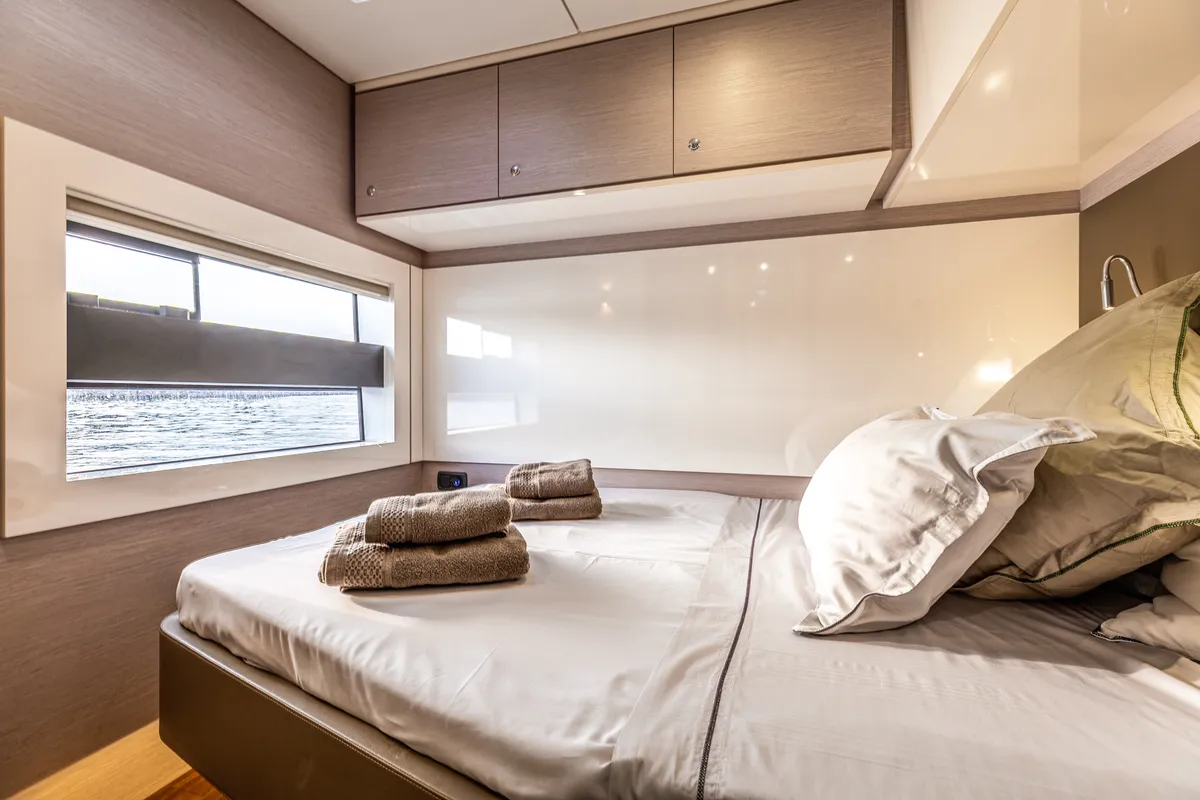 Cabin on Nyd'amour II, a Aventura 14 Power catamaran at Kranidi, Greece