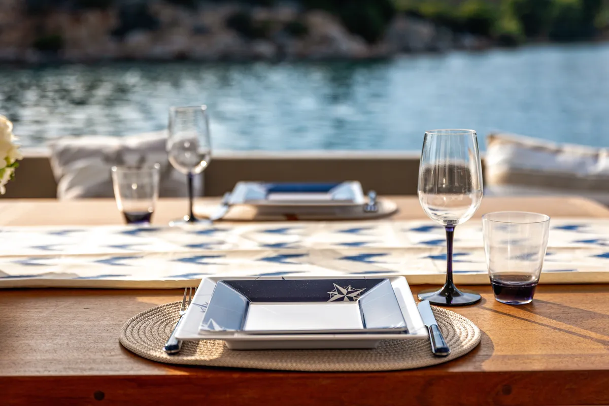 Deck of Nyd'amour II, a Aventura 14 Power catamaran at Kranidi, Greece