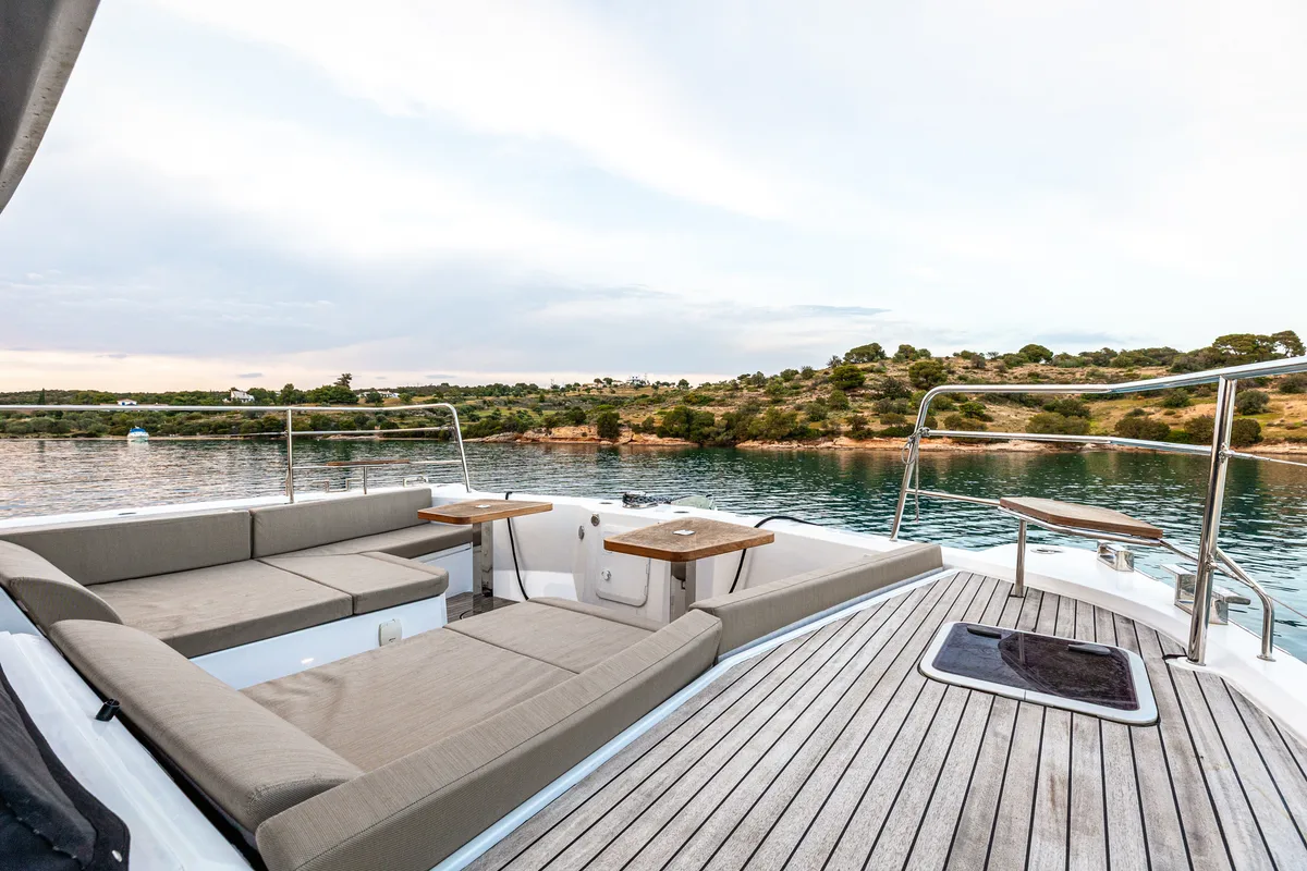 Deck of Nyd'amour II, a Aventura 14 Power catamaran at Kranidi, Greece