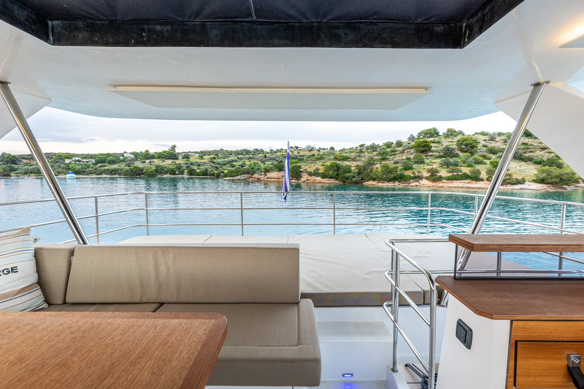 Deck of Nyd'amour II, a Aventura 14 Power catamaran at Kranidi, Greece