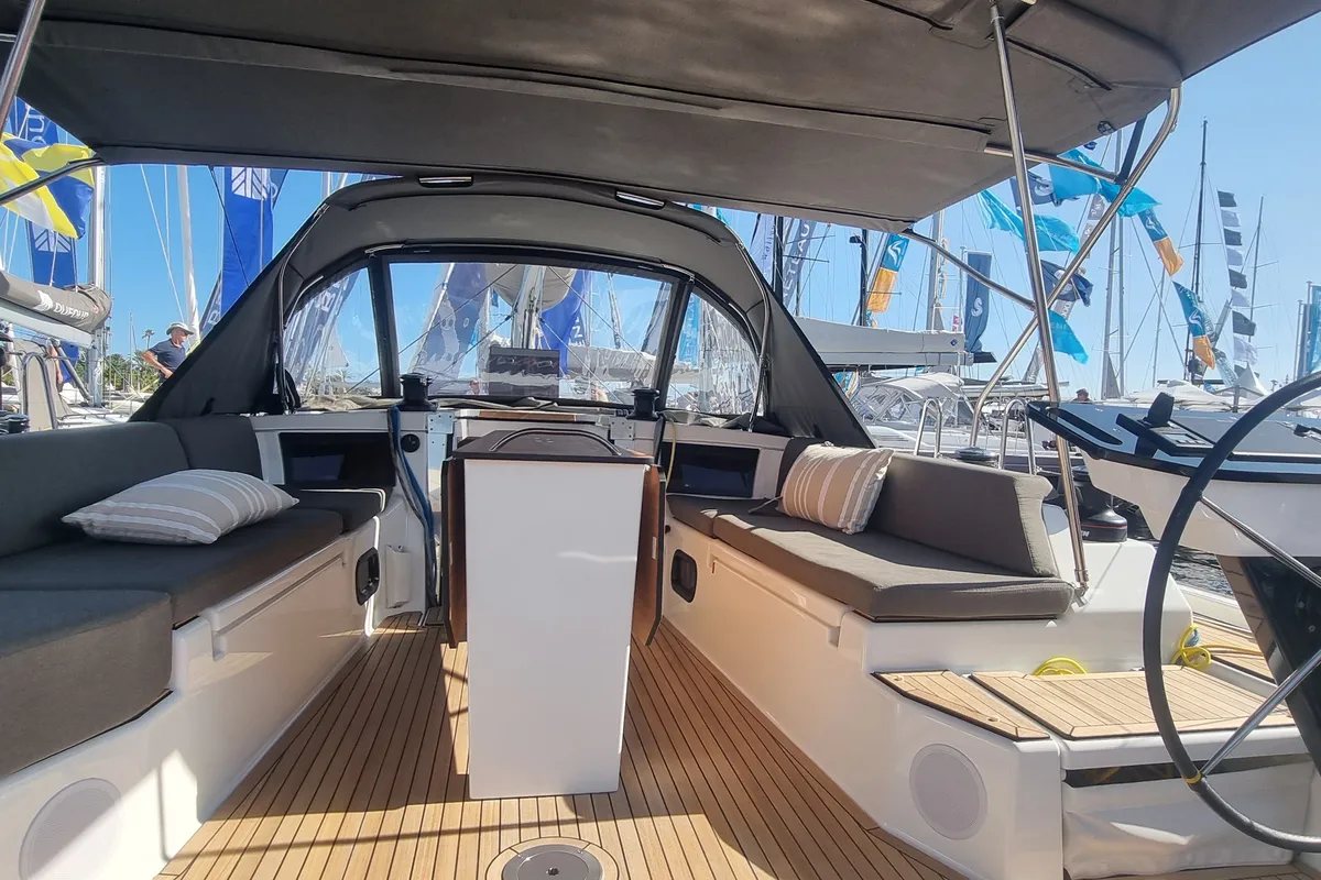 Cockpit of NN, a Dufour 44 sailboat at Vallauris, France