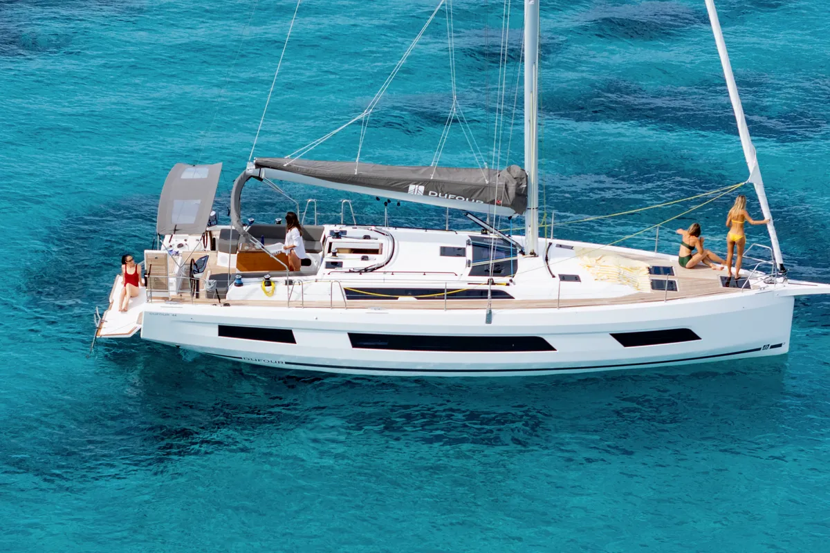 Exterior view of NN, a Dufour 44 sailboat at Vallauris, France