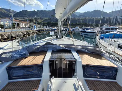 Deck of Premium, a Beneteau Oceanis 46.1 sailboat at Tropea, Italy