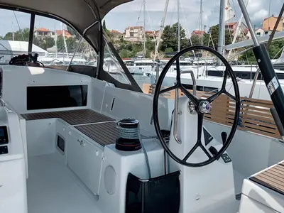 Cockpit of Ma Cherie, a Jeanneau Sun Odyssey 490 sailboat at Šibenik, Croatia