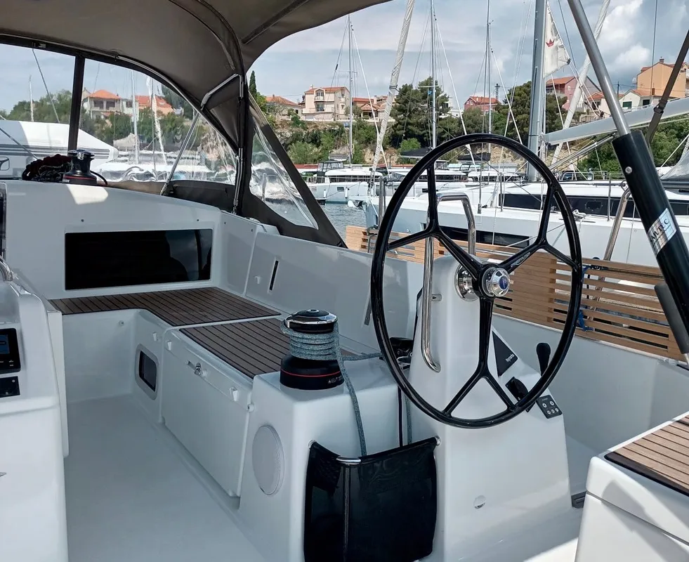 Cockpit of Ma Cherie, a Jeanneau Sun Odyssey 490 sailboat at Šibenik, Croatia