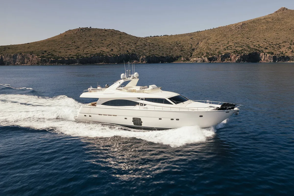 Exterior view of Lidia, a Ferretti Yachts 830 Flybridge motor yacht at Glyfada, Greece