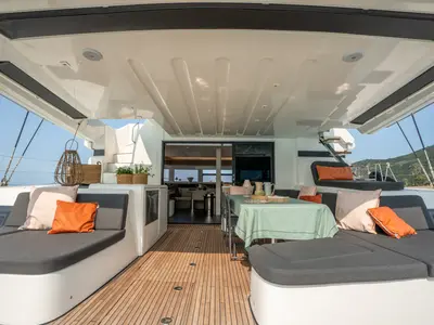Deck of Sailuxe - Vega, a Lagoon 55 catamaran at Castellammare del Golfo, Italy