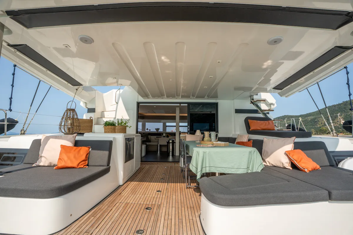 Deck of Sailuxe - Vega, a Lagoon 55 catamaran at Castellammare del Golfo, Italy