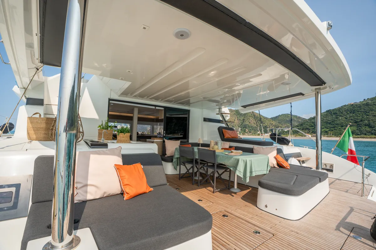 Deck of Sailuxe - Vega, a Lagoon 55 catamaran at Castellammare del Golfo, Italy