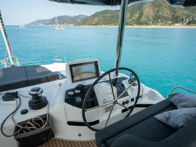 Cockpit of Sailuxe - Vega, a Lagoon 55 catamaran at Castellammare del Golfo, Italy