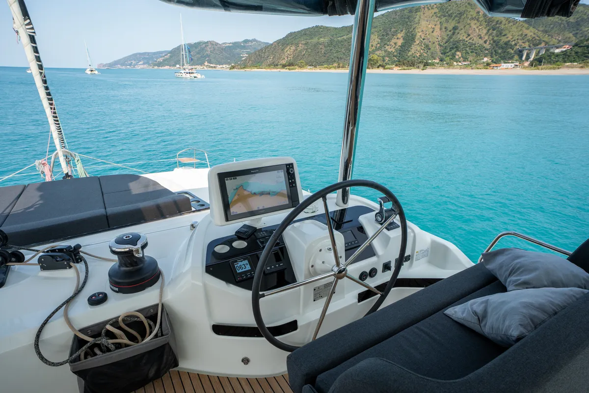 Cockpit of Sailuxe - Vega, a Lagoon 55 catamaran at Castellammare del Golfo, Italy