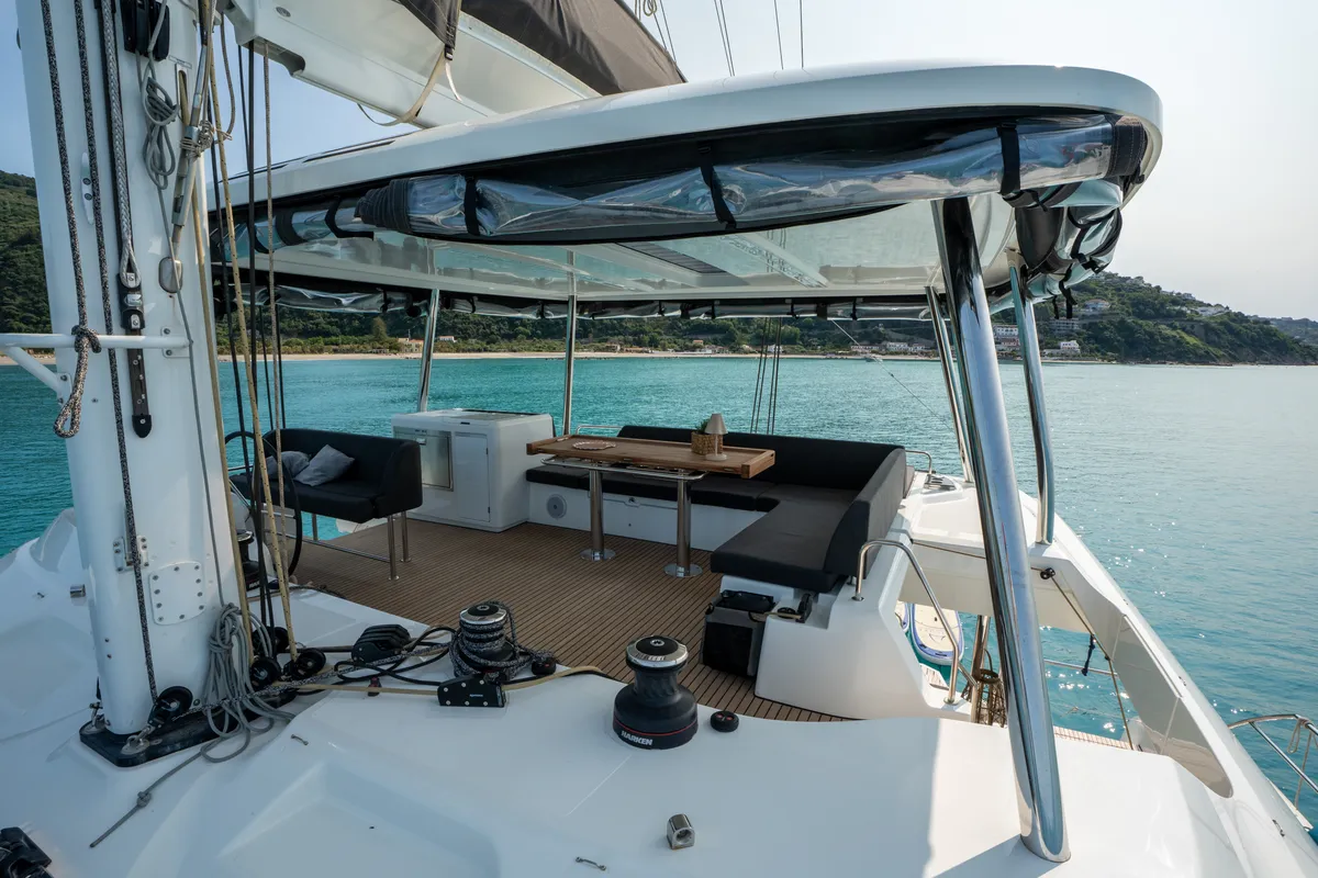 Deck of Sailuxe - Vega, a Lagoon 55 catamaran at Castellammare del Golfo, Italy