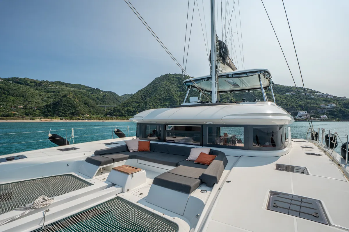 Deck of Sailuxe - Vega, a Lagoon 55 catamaran at Castellammare del Golfo, Italy