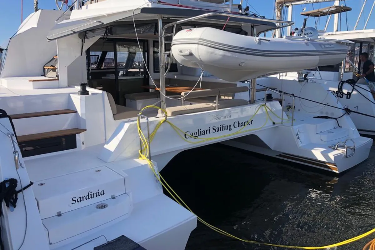 Exterior view of Sardinia, a Nautitech 46 Fly catamaran at Cagliari, Italy