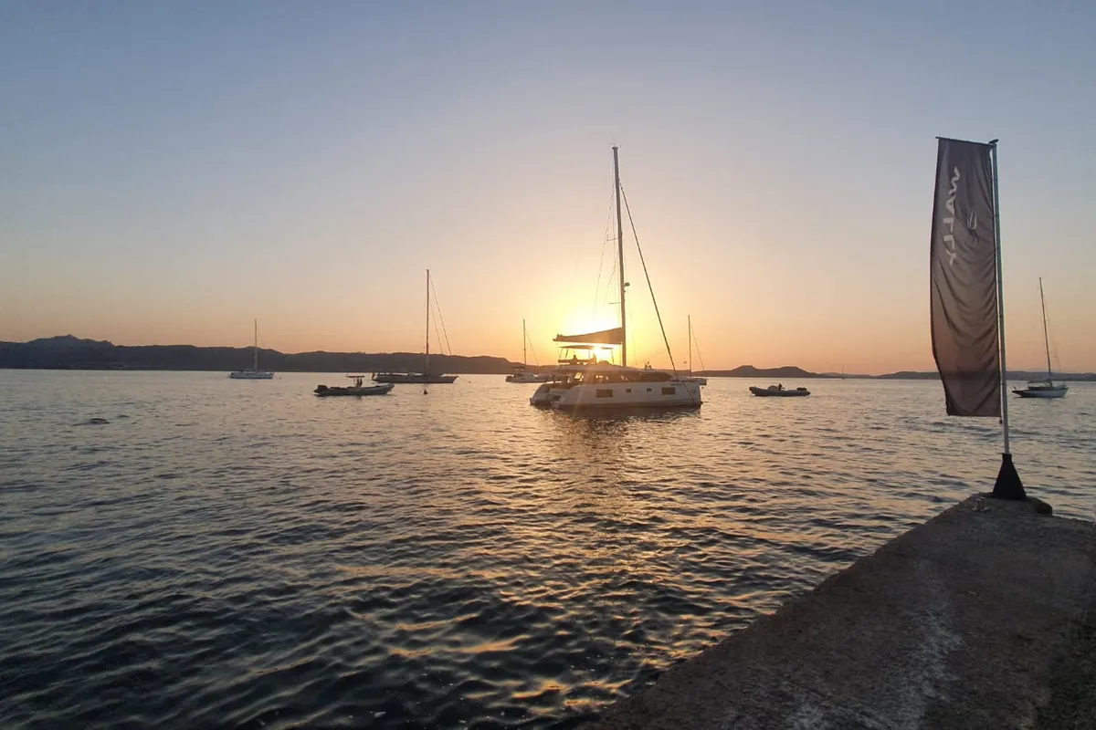 Exterior view of Sardinia, a Nautitech 46 Fly catamaran at Cagliari, Italy