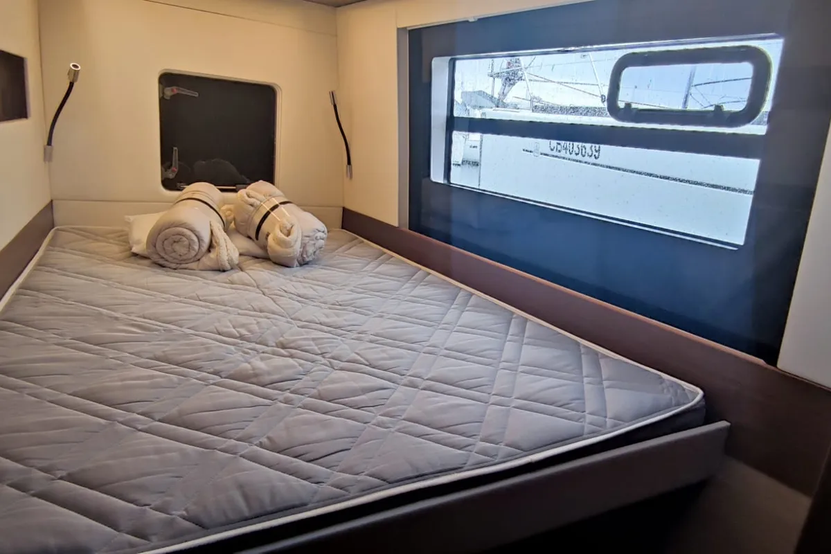 Cabin on Sardinia, a Nautitech 46 Fly catamaran at Cagliari, Italy
