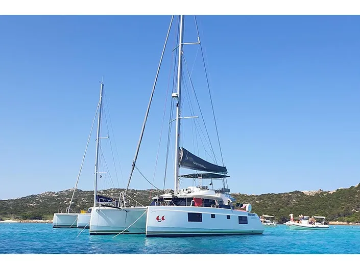 Exterior view of Sardinia, a Nautitech 46 Fly catamaran at Cagliari, Italy