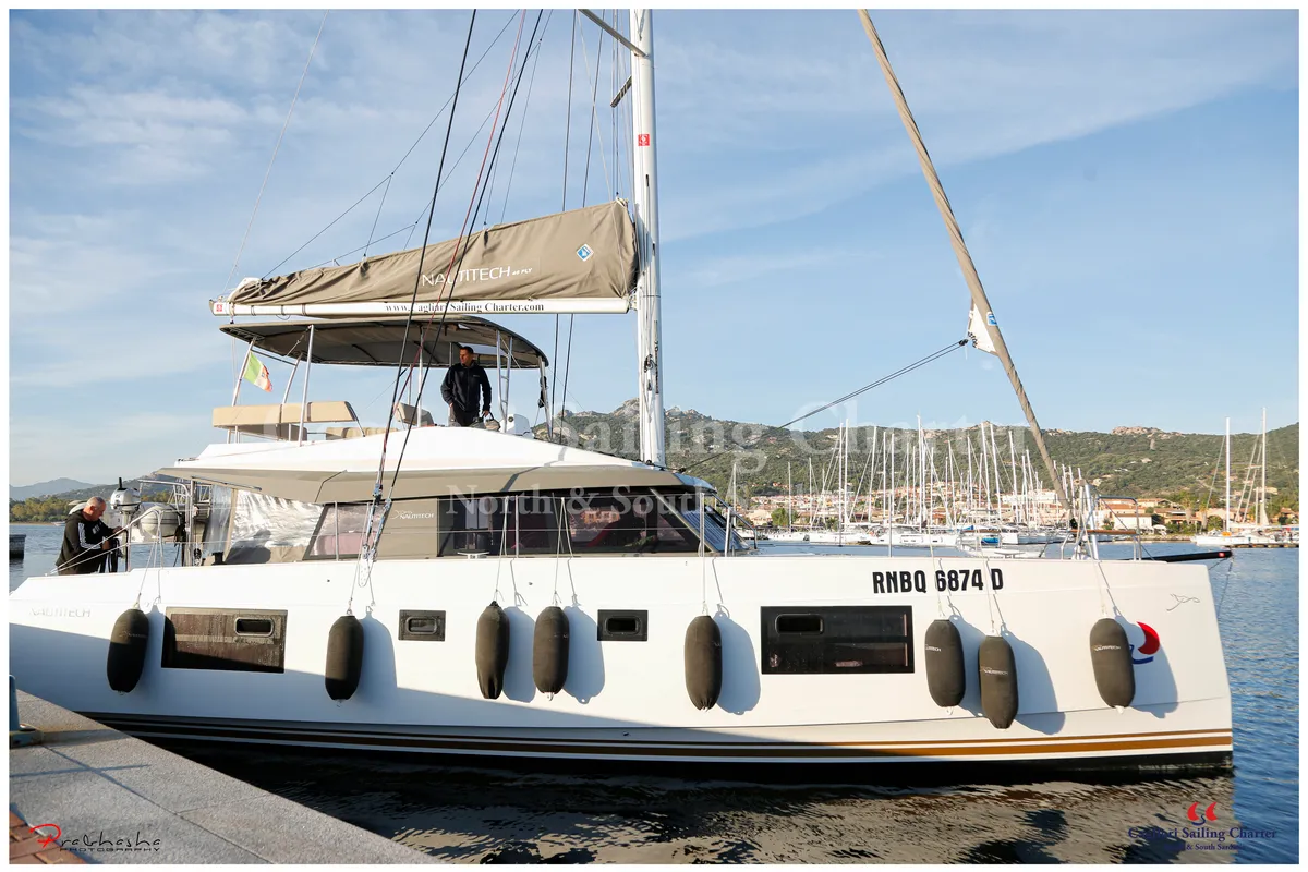 Exterior view of Sardinia, a Nautitech 46 Fly catamaran at Cagliari, Italy