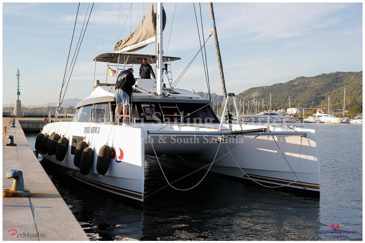 Exterior view of Sardinia, a Nautitech 46 Fly catamaran at Cagliari, Italy