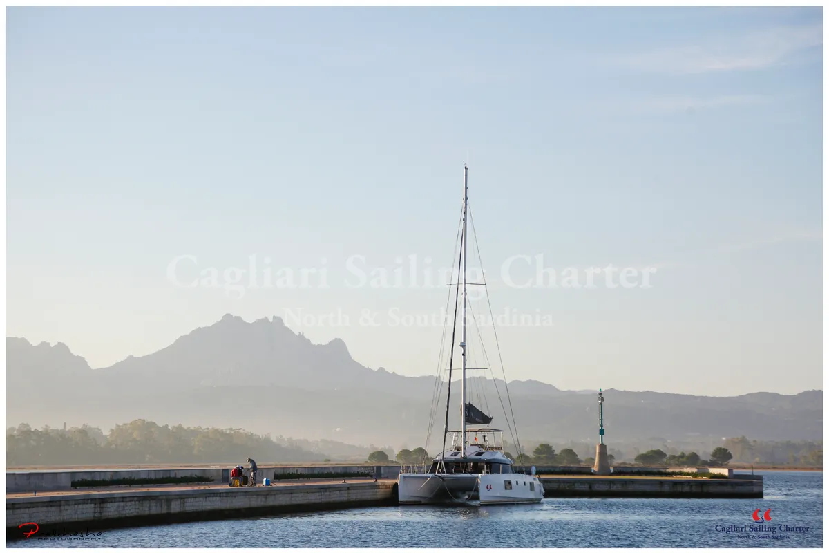 Exterior view of Sardinia, a Nautitech 46 Fly catamaran at Cagliari, Italy